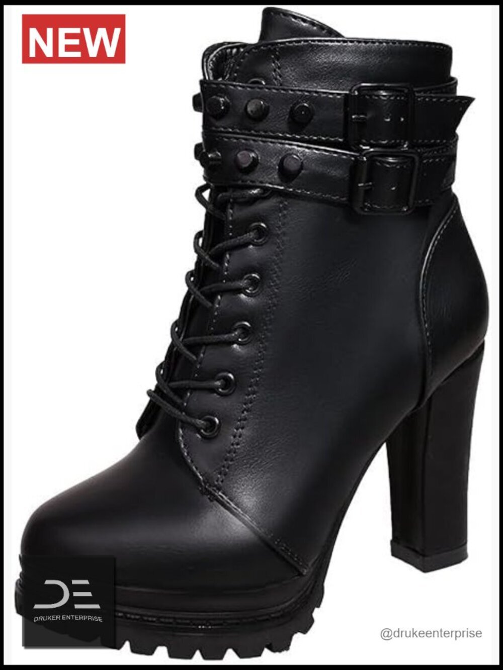 Leather Studded Chunky Heel Ankle Boots with Side Zipper